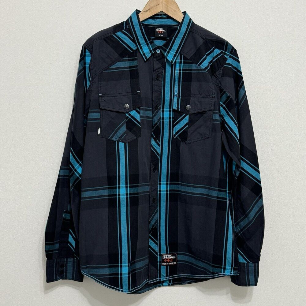 Men's Black and Teal Plaid Long-Sleeve Button-Down Shirt